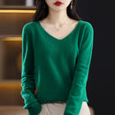 女式100%纯羊毛柔软毛衣一线无缝V领纯色套头衫秋冬基础休闲羊绒针织上衣