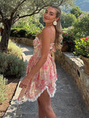 Sexy Print Pleated Short Party Dresses Women Sleeveless Sling Backless Flower Lace Holiday Dresses 2026 Spring Summer Robe