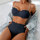 Fashion Ruched Bikini Push Up Swimsuit Women Split Pearl Chain High Waist Bikini 2025 New Solid Bathing Suit Two Piece Beachwear