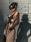 Y2k 辣妹两件套长袖露脐挂脖上衣性感潮流不规则露背女式T恤美学