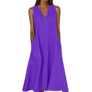 Breathable Summer Women Midi Dress Linen Blend Notch V Neck Dress Button Sleeveless Loose Fit Dresses Comfy Casual Beach Outfit
