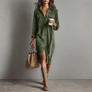 Retro Chic Women Midi Dress Corduroy Fabric Lapel Collar Popular Button Front Loose Fit Long Sleeve Comfy Casual Daily Outfit