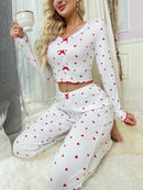 Autumn Winter Sleepwear Women Pajama Set Lace V-neck Bow Heart Print Long Sleeves Pullover &Trousers Loungewear Outfit