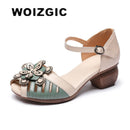WOIZGIC Women Mother Ladies Female Genuine Leather Sandals Shoes Platform Summer Cool Beach Retro Flowers High Heel Buckle Strap