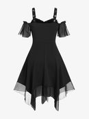 ROSEGAL Gothic Grommet Lace Up Dress Summer S-5XL Black High Waist Cold Shoulder Mesh Handkerchief A-Line Ruffles Dresses