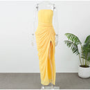 The Aurelian | Butter Yellow Mesh-Spliced Asymmetric Evening Gown