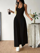 2026Women Yellow Halter Neck Maxi Dress Sleeveless V-Neck Backless A-Line Long Dress Casual Summer Elegant Beach Party Dresses