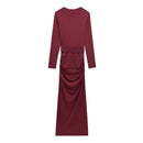 HXAO Elegant Midi Burgundy Dresses 2025 Spring Summer Women Long Sleeve Dress Fashion Party Evening Vintage Long Dress Vestidos