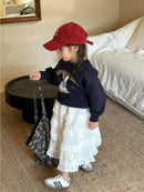 Korean Girls 2024 Navy Blue Cute Rabbit Sweatshirt+ White Lace Cake Skirt Girl 2pcs Cotton Set Fashion Baby Spring Autumn Outfit