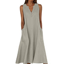 Breathable Summer Women Midi Dress Linen Blend Notch V Neck Dress Button Sleeveless Loose Fit Dresses Comfy Casual Beach Outfit