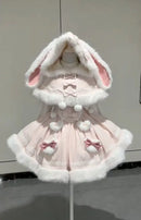 Japanese Lolita Two Pieces Set Women Sweet Patchwork Furry Slip Dress + Sweet Cute Rabbit's Ears Hooded Cape Coat JK Bow Suit