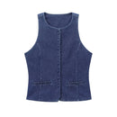 ETJ 2025 Fall/Winter New Arrivals Women's Z1975 Collar Button-Decorated Sleeveless Round-Neck Denim Jacket Top 6164197