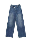 HH Women Trendy Cross Waist Wide Leg Jeans Asymmetrical Button Fly High Waist Baggy Denim Pants For Streetwear Y2K Outfits