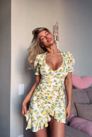 Women Chic Floral Print Bodycon Dress Holiday v-neck Pleated Patchwork Flared Sleeve Ruffle 2026 Summer Casual Latest Vestidos