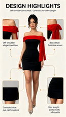 Women Off Shoulder Mini Dress Red Big Bow Spliced Bodycon Short Dresses Elegant Slim Fit Black Little Dress Night Club Party Birthday Outfits Evening Gown