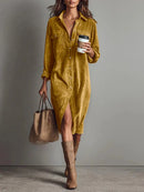 Retro Chic Women Midi Dress Corduroy Fabric Lapel Collar Popular Button Front Loose Fit Long Sleeve Comfy Casual Daily Outfit