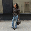Women Fashion V-neck Lapel Belt Leather Jacket Chic Lace Up High Waist Full Sleeve Overcoat 2025 Lady Autumn High Street Outwear