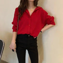 JOEVILU Red Chiffon Shirt Women French Elegant Long Sleeve Blouses Spring and Autumn Korean Fashion Tops Casual Sunscreen Jacket