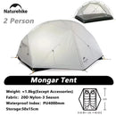Naturehike挪客 Mongar 2露营帐篷 超轻户外三人四季防水20D尼龙徒步帐篷 双人背包帐篷