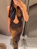Vintage Floral Printed Midi Dress Women Backless Satin Halter Cutout Bodycon Split Hem Party Dresses 2026 Summer Elegant Gown