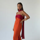 Color Blocking Scarf Collar Sling Dress Sexy Waist Cinching Chic Split Bodycon Maxi Dresses 2026 Lady Club Party Vestido