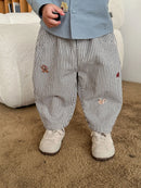 2026 Fall New Toddler Kids Pants Cotton Cartoon Embroidered Harem Pants Baby Boy Casual Striped Denim Baggy Trousers
