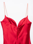 HH 2025 Women Red V-Neck Holiday Style Satin Texture Long Dress Sleeveless Summer Women's Back Zipper Fashion Sling Dresses