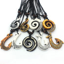 12pcs/Lot Imitation Bone Carved NZ Maori Fish Hook Charm Necklaces Jewelry for Men Women Tribal Wax Rope Chain Adjustable gift