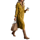 Retro Chic Women Midi Dress Corduroy Fabric Lapel Collar Popular Button Front Loose Fit Long Sleeve Comfy Casual Daily Outfit