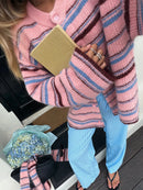 Casual Stripe Scarf Loose Top Women Fashion Full Sleeve O-neck Single Breasted Knitted Coats Female 2026 Autumn Lady Outwears
