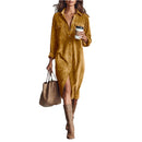 Retro Chic Women Midi Dress Corduroy Fabric Lapel Collar Popular Button Front Loose Fit Long Sleeve Comfy Casual Daily Outfit