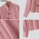 INCERUN Men Plaid Shirt Lapel Long Sleeve Patchwork Loose Men Clothing Streetwear 2026 Spring Fashion Casual Tops Male Shirts