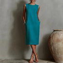 Elegant Minimalist Women Midi Dress Bohemian Sleeveless Crew Neck Straight Dress Side Pocket Solid Resort Wear Office Lady Dress
