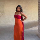 Fashion Women Color Blocking Scarf Collar Sling Dress Sexy Split Waist Cinching Bodycon Maxi Gowns 2026 Lady Club Party Vestidos