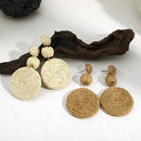 AENSOA 波西米亚风黄色拉菲草圆形水滴耳环 女士手工几何藤编耳坠 夏季沙滩首饰