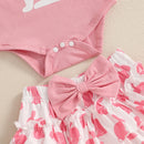 Adorable Baby Easter Outfit with Bunny Print Short Sleeve Romper Ruffled Shorts and Matching Headband - 3 Piece Set for Girls