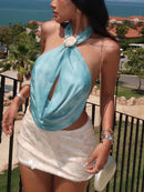 Whatiwear Metal Seashell Decoration Tank Tops Women Bandage Halter Swing Collar Backless Summer Holiday Beach Style Ruched Vests