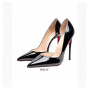 New red toe exposed seam, side empty shallow mouth, sexy professional black patent leather pointed heel high-heeled shoes 33-46