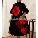 Black Red Hibiscus Floral Women Midi Dress High Neck Puff Sleeve Waist A-Line Casual Daily Party Dress