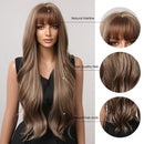 HAIRCUBE Brown Mixed Blonde Synthetic Wigs with Bang Long Natural Wavy Hair Wig for Women Daily Cosplay Use Heat Resistant