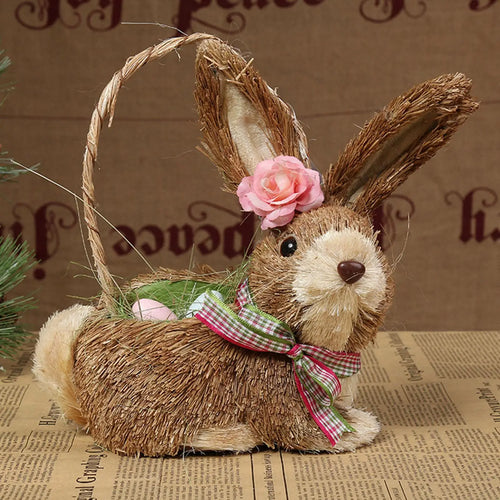 Straw Rabbit Decoration Filled Eggs Basket Straw Easter Rabbit Decor Ornament Bunny Figurine for Indoor Outdoor Spring Decor