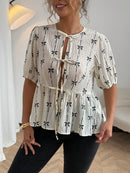 Plus Size Spring/Summer New Arrivals Romantic Holiday Bow-Pattern Puff Sleeve Tie-Front Blouse Casual Wear