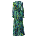 Women'S Temperament V-Neck Backless Dresses Summer Boho Green Leaf Print Maxi Dress For Beach Elegant Pleated Sundress Vestidos