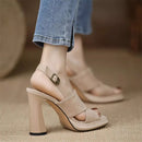 2024 Summer New One-button Sandals, Thick Open Toe Sexy Black Professional 9cm High Heels, Temperament Female Sandals