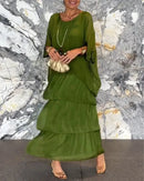 Female Elegant Floral Print Chiffon Boho Long Dress Spring Round Neck Women Pullover Dress Half Bat Sleeve Cake Skirt Dress