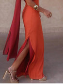 Color Blocking Scarf Collar Sling Dress Sexy Waist Cinching Chic Split Bodycon Maxi Dresses 2026 Lady Club Party Vestido