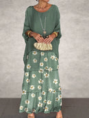Female Elegant Floral Print Chiffon Boho Long Dress Spring Round Neck Women Pullover Dress Half Bat Sleeve Cake Skirt Dress