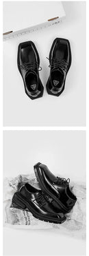 New square head Leather Shoes women Casual Men Formal Dress Thick Bottom Loafers Lace-up Black British Business Work Shoes 44