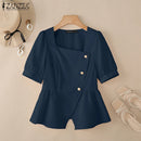 2025 ZANZEA Elegant Puff Sleeve Work Blouses Women Summer Shirts Square Neck Stylish Solid Buttons Tunic Tops Waisted OL Blusas