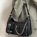 Y2k Womens Shoulder Bag Harajuku Fashion Gothic Casual Black Chains Handbag Hot Girls Pu Leather Ladies Motorcycle Bag Sac